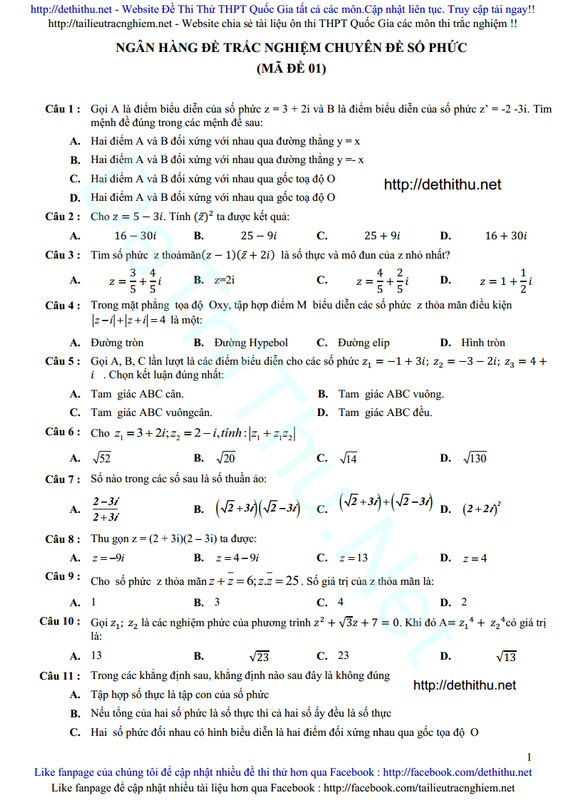 100 câu trắc nghiệm SỐ PHỨC có đáp án ôn thi THPT Quốc Gia