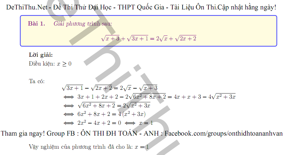 50 bài phương trình,hệ phương trình,bất phương trình vô tỷ (chứa căn) có lời giải chi tiết