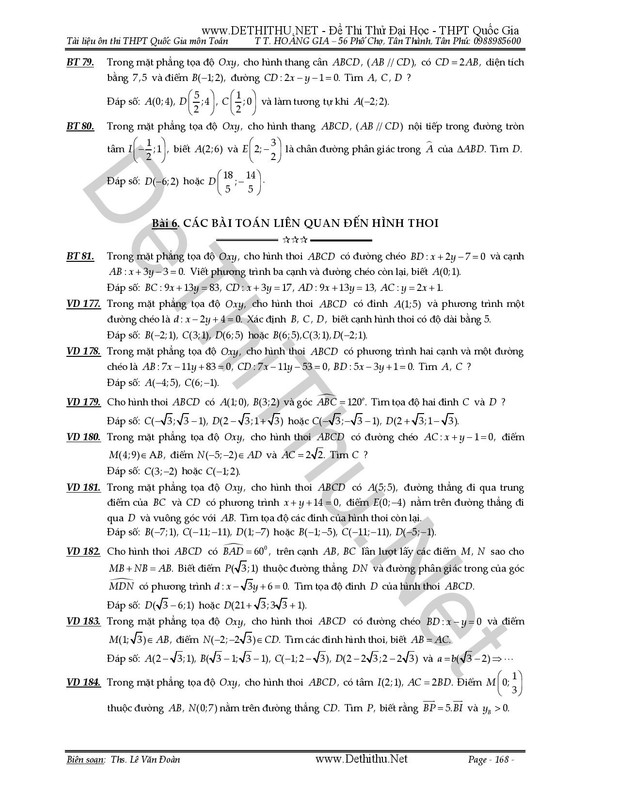 306 bài tập hình học phẳng Oxy có đáp số,Hình học phẳng oxy ôn thi đại học,THPT Quốc Gia