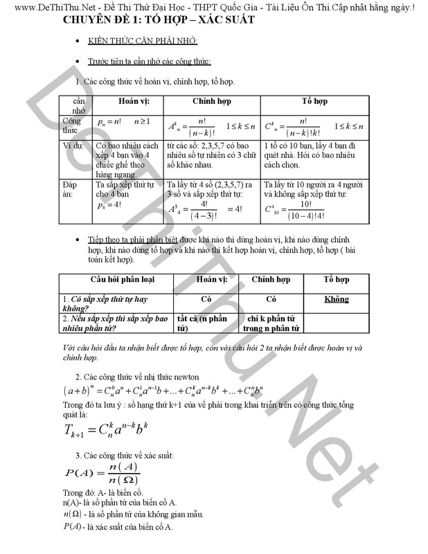 Các dạng bài tập tổ hợp,xác suất,nhị thức NewTon cơ bản có lời giải