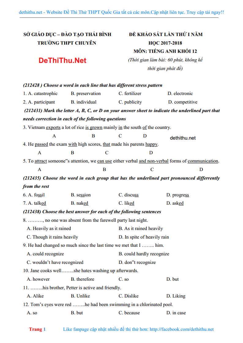 Đề thi tiếng Anh năm 2018 chuyên Thái Bình lần 1