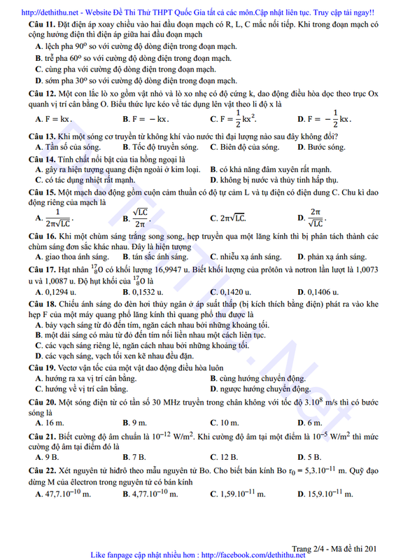 Đề thi THPT Quốc Gia 2017 môn Vật Lý mã đề 201 PDF trang 2