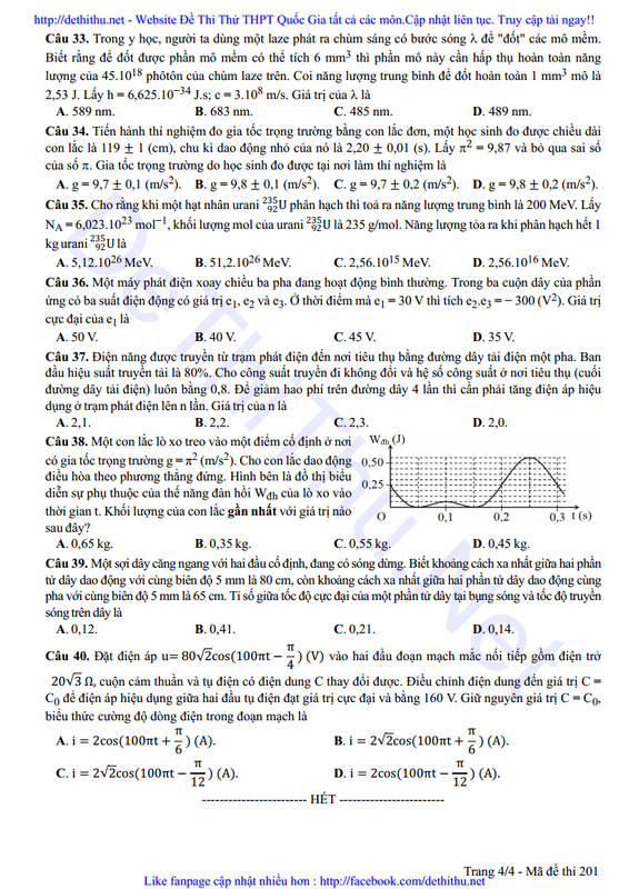 Đề thi THPT Quốc Gia 2017 môn Vật Lý mã đề 201 PDF trang 4