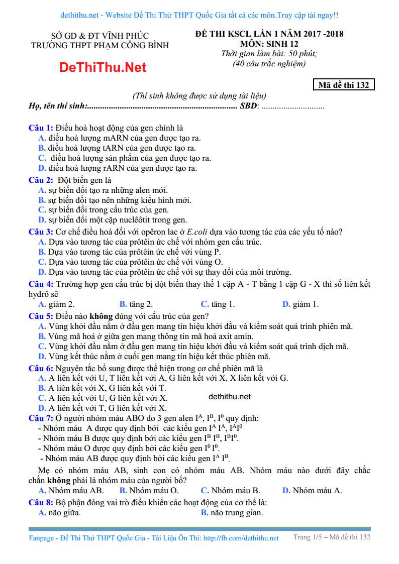 Đề thi thử môn Sinh năm 2018 THPT Phạm Công Bình , Vĩnh Phúc lần 1