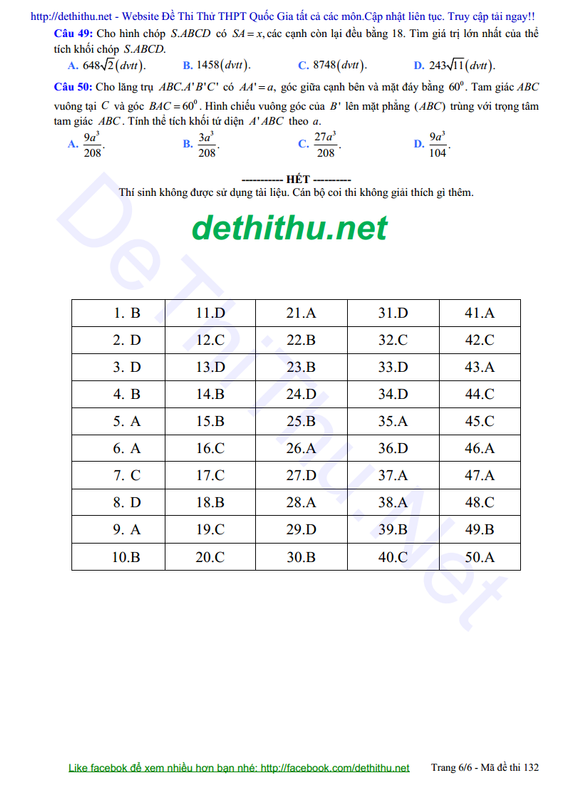 Đáp án đề thi thử THPT QG môn Toán Ngô Gia Tự năm 2018
