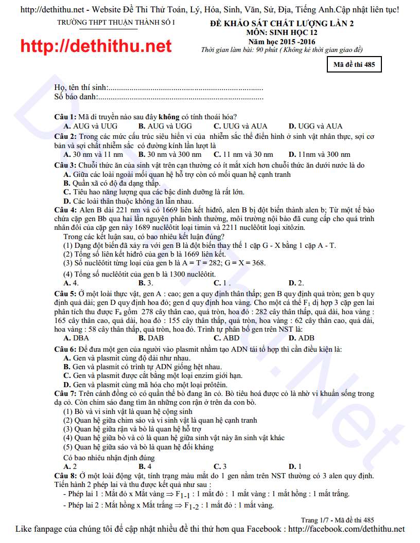 Đề thi thử THPT Quốc gia môn Sinh 2016 THPT Thuận Thành 1 lần 2