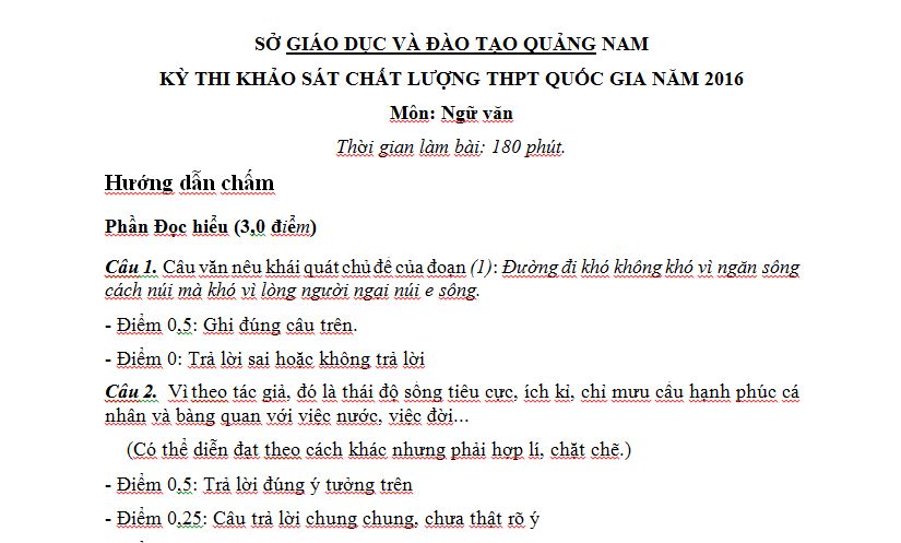 Đáp án đề thi thử THPT Quốc Gia môn Văn 2016 sở GD Quảng Nam