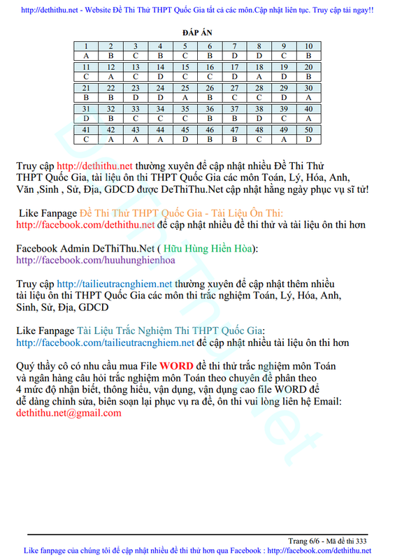 Đáp án đề thi thử Toán 2017 THPT Chuyên Nguyễn Trãi, Hải Dương lần 1