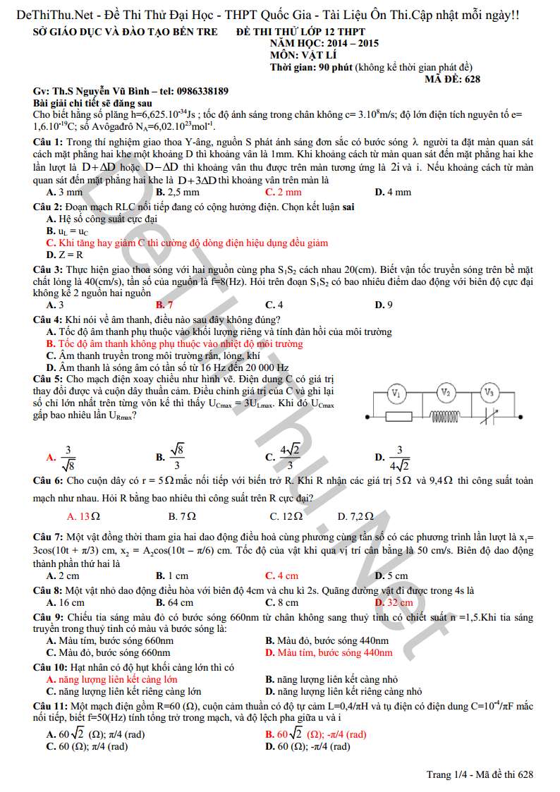 Đề thi thử Vật Lý THPT Quốc Gia 2015 sở GD & ĐT Bến Tre